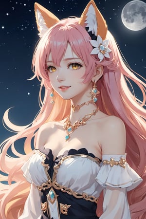 Yae Miku, 1girl, solo, long hair, breasts, looking at viewer, smiling, bangs, large breasts, hair ornament, animal ears, cleavage, hair between eyes, bare shoulders, jewelry, collarbone, yellow eyes, upper body, pink hair, sidelocks, earrings, parted lips, lips, fox ears, crossed bangs, white dress, intricate lace details, Genshin Impact, outdoors, night sky,  full moon, 