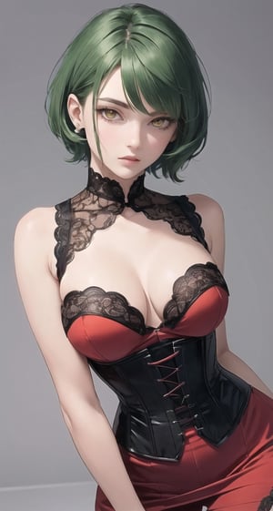 masterpiece, best quality, handkerchief dress, purple and red dress, intricate details, short hair, green hair, yellow eyes, perfect face and eyes, elegant, upper body till thigh, from front, corset,