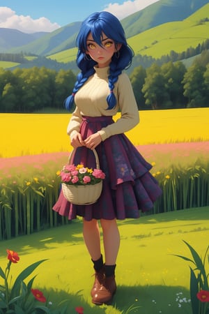 (masterpiece), highly detailed, 1girl, solo, long hair, shiny hair, blue hair, hair between eyes, hairclip, twin braid, yellow eyes, medium breasts, detailed background, meadow, fields, detailed face, full body view, carrying bamboo basket, flowers, Irish Cottage-core Renaissance dress, layered frill ribbons, jumper skirt, khaki dress, wide shot,