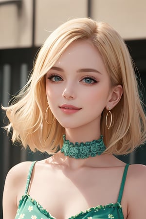 masterpiece, best quality, aesthetic, photoshoot, depth of field, good composition, solo, mature female, detailed face, perfect eyes, green eyes, beautiful skin, shy smile, natural hair, blonde hair, cami romper, sleeveless, floral print, ruffle hem, pearl choker, pearl earrings, upper body, side view, 