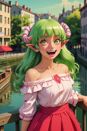 valac clara, (masterpiece), highly detailed, 1girl, solo, long hair, green eyes, curly horns, pointy ears, child, chubby, cute, energetic, bubbly, happy, sharp teeth, open mouth, smiling, upper body till waist, tiered midi skirt, muted red dress, off-shoulder top, from above, canal background, buildings, lake, 