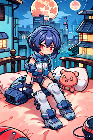 masterpiece, best quality, 1girl, solo, (mature, adult female), aesthetic, chibi, cute, aakusanagi, watching nitgh sky, night, on bed, full moon, city landscape, mecha toys, 