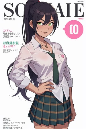 magazine cover, pink japanese text, character name, copyright name, stylized, best quality, masterpiece, 1girl, solo, aasakuya, long hair, high ponytail, breasts, collarbone, necklace, school uniform, green necktie, collared shirt, white shirt, sleeves rolled up, pleated skirt, plaid skirt, leaning forward, smile, looking at the viewer, medium close-up,