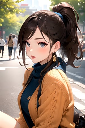 masterpiece, best quality, brown hair, high ponytail, jumper, knitwear, bright orange, Sunray pleat, blue pleat, upper body, outdoors, sitting, filigree earrings, lipstick, natural makeup, tourist place, 