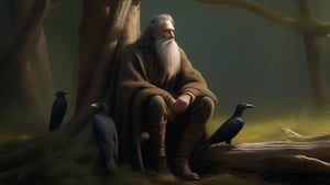 In this poignant scene, Leshy, an aged and gentle woodsman, sits solemnly on a weathered stump in a sun-dappled glade. His long gray beard cascades down to his chest, entwined with silver strands of hair that rival its length. The raven perches upon his shoulder, watching him with keen black eyes as Leshy gazes wistfully at his humble hut, nestled among the ancient forest's towering trees. Soft dappled lighting illuminates the scene, casting a warm glow over the rustic setting and highlighting the character's introspective expression.