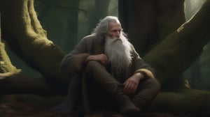 In this poignant scene, Leshy, an aged and gentle woodsman, sits solemnly on a weathered stump in a sun-dappled glade. His long gray beard cascades down to his chest, entwined with silver strands of hair that rival its length. The raven perches upon his shoulder, watching him with keen black eyes as Leshy gazes wistfully at his humble hut, nestled among the ancient forest's towering trees. Soft dappled lighting illuminates the scene, casting a warm glow over the rustic setting and highlighting the character's introspective expression.