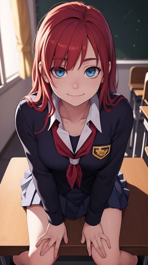 detailed_body, 8k, photo_realistic, beautiful_eyes,  school_uniform,   red_hair, , 
Laying_down_on_table,  legs_open, tiny_breasts, slim_body,  ,   golden_hour,  facial_expression_pleased, 
