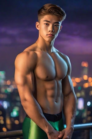 A stunning 16-year-old boy with refined features and a handsome appearance, showcasing a lean yet muscular physique with prominent pectoral muscles. He wears a tiny green bikini, reminiscent of the iconic armor of Green Lantern, as he strikes a confident pose in front of a cityscape backdrop at dusk, with warm orange and purple hues illuminating his toned figure against the darkening sky.