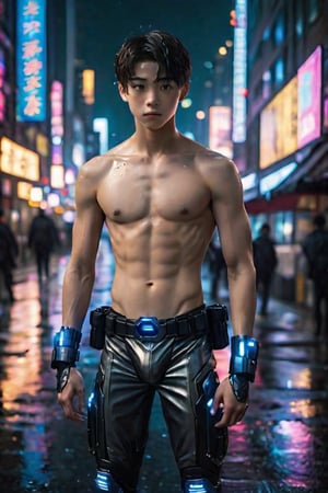 A young boy, 16 years old, with fine and handsome features, slender yet athletic build, prominent muscles, large and rounded chest, wearing a miniature RoboCop armor-inspired bikini bottom on the streets of the city. The urban landscape stretches out behind him, a gritty metropolis with towering buildings and neon lights reflecting off the wet pavement.