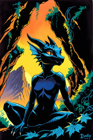 close up low shot, kobold, hot, ear ring, sleek, sit, glowing skin, flat color, shiny skin, windy, dusk, nightfall, (body), luminescent leaves, blue rim light, partially illuminated, highlights, mountain cliff, high contrast, vines, vapour, immense, cave on cliff, yellow sky, leaves, dark shadow, vibrance, 1980's pulp mag, dnd, by jeff easley