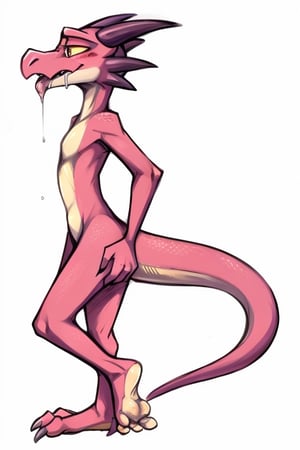 kobold monster, toon, tired, standing, after oral, wet mouth, rear, messy, inflated, groan, anatomy, bare skin, drool, shirt, deep, top, bare ass, side view, leaning, covering crotch, (pink skin), (bare legs),  ((feet)), hind legs, white background, (pink feet), barefoot, (ankles), (bare feet), 2d, by zackary911