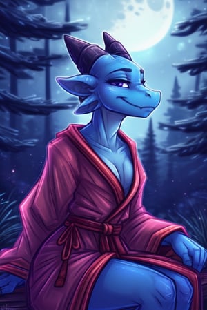 creature, detailed anatomy, slim kobold, blue skin, looking at viewer, portrait, close, smug, expressive, satisfied, robes, upper body, first person, flushed, three-quarter view, skin, sitting, forest, night, moonlight, by dimwitdog 
