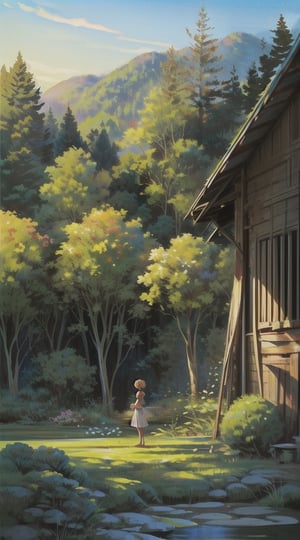 Beautiful, High quality, best quality, High detailed, romantic, [Flower feild : Forest], BREAK, (elegant woman standing in a feild), fairy goddess, lace, ruffles, sparkels, BREAK, bright, colorful, enchanting, whimsical, film lighting, (Studio Ghibli)