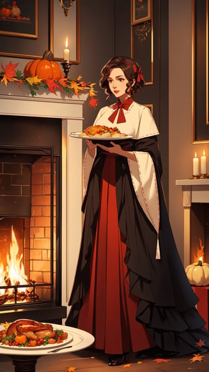 ((masterpiece)), (best quality), (cinematic), lady holding a plate of thanksgiving turkey, holiday, fall colors, cozy fireplace, 