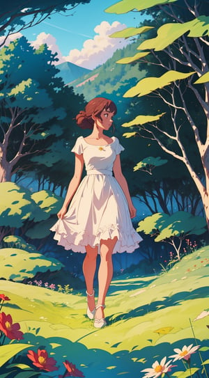 Beautiful, High quality, best quality, High detailed, romantic, [Flower feild : Forest], BREAK, (elegant woman in the distance standing in a feild), fairy goddess, lace, ruffles, sparkels, BREAK, bright, colorful, enchanting, whimsical, film lighting, (Studio Ghibli)