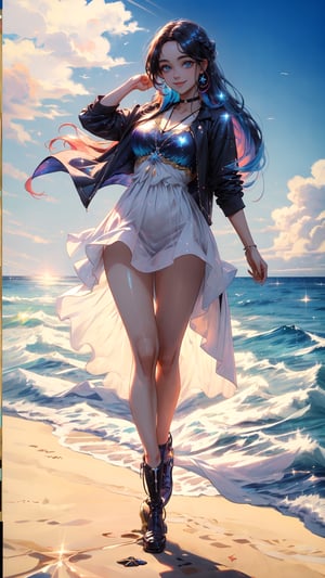 ((masterpiece)), (best quality), (cinematic), ocean, beach, posing, long hair, full body, beautiful eyes, wind, detailed face, detailed body, (cinematic, colorful), (extremely detailed), smiling, glitter, shiny, facing viewer, glowing, shining light,