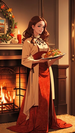 ((masterpiece)), (best quality), (cinematic), lady holding a plate of turkey, holiday, fall colors, cozy fireplace