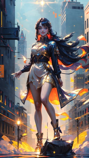 ((masterpiece)), (best quality), (cinematic), city, cityscape, posing, long hair, full body, beautiful eyes, wind, detailed face, detailed body, (cinematic, colorful), (extremely detailed), smiling, glitter, shiny, facing viewer, glowing, shining light,fantasy