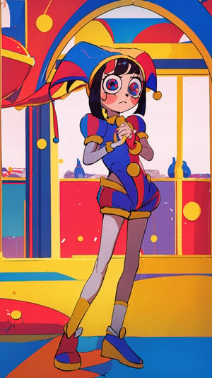 ((masterpiece)), (best quality), (cinematic), 1girl, Pomni, jester, detailed eyes, shy pose, clown, puffy shorts, 