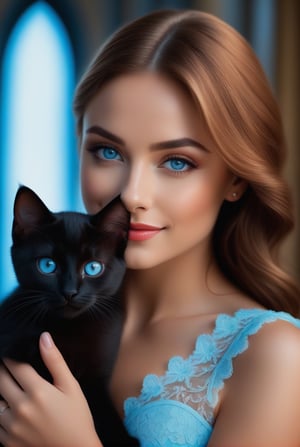 photo, hasselblad, intricate, (freckles:0.5), (pores), ((vibrant colors)), ((closed mouth)), full body, standing photo , detailed face, light blue eyes, (smile), (all lace scarlet tight dress), (holding black kitten), cinematic composition, defined lines, Gothic inspired buildings, blurred background, saturated colors, ((photorealistic)), Intricate, High Detail, Sharp focus, dramatic, beautiful and detailed lighting, shadows, perfect face, fine details, realistic shaded, intricate, elegant, detailed film still, illustrated, perfect face, fine details, realistic shaded,