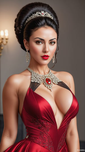 closed mouth, dynamic pose, Long hair in an up-do and evening hair styling, beautiful Latina OR BRAZILIAN young woman, detailed symmetric GRAY eyes with circular iris, looks like young Monica Bellucci, red lipstick, in an red evening dress, lively facial expressions, black hair, 4K, perfect beautiful face, Low cut gown and jewels, realistic, stunning realistic photograph, 3d render, octane render, intricately detailed, cinematic, elegant wallpaper, Isometric, Centered hyperrealistic photo, awesome full color, 12k, high definition, cinematic, smooth, ultra high definition, 8k, unreal engine 5, ultra sharp focus, masterpiece, highly detailed