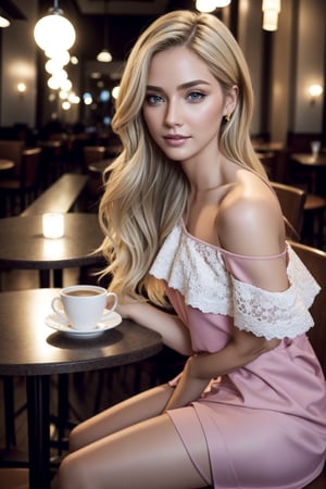 shoulder-length blonde hair,
best quality,masterpiece,detailed,16k,beautiful detailed face,beautiful detailed eyes,8k,female_solo,perfect body, perfect face, (full body shot), 1 beautiful woman, (colored shoulder-length Length hair), grey eye, pink skin, night lighting,sitting at a table in a cafe,wet street,blurred background,full bady shot,front view
