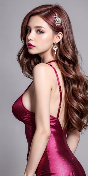 (masterpiece: 1.2, best quality: 1.2, beautiful, high quality, high resolution: 1.1, aesthetic), detailed, extremely detailed, ambient soft lighting, perfect eyes, perfect face, 1girl, long hair with extra long wavy, ((burgundy color hair)) ,hair accessories , normal breasts, earrings, black collar, looking at viewer,, from eye level, slim body ,sexy body, green eyes, waterfall, (Norzy Paris - Party wear self red Designer Women Dress),realhands,wo_fmmika01, ((close to the face)), (half body) , pale skin, high detail and deep cleavage, slim body, (cold color), she has light pink skin, long hair, beautiful eyelashes, beautiful face, ((smokey eyes)), (highly saturated lipstick), (pink lips), (luscious thick lips)