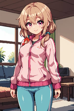 score_9, score_8_up, score_7_up, 1girl,  light brown hair, pink eyes, sidelocks, hair between eyes, track_suit, (small breasts:0.8), low_twintails, medium hair, cute smile, indoors, living room, track_jacket, pants,