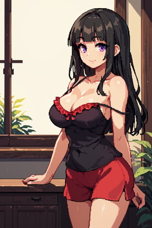 score_9, score_8_up, score_7_up, 1girl, black hair, purple eyes, long hair, blunt bangs, spaghetti_strap, black short dress, (large breasts:0.7), smile, frilled camisole, single strap slip, himecut, off shoulder, red shorts, standing