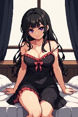 best quality, masterpiece, score_9, score_8_up, score_7_up, 1girl, black hair, purple eyes, long hair, blunt bangs, spaghetti_strap, black dress, (large breasts:0.7), smile, frilled camisole, single strap slip, himecut, off shoulder