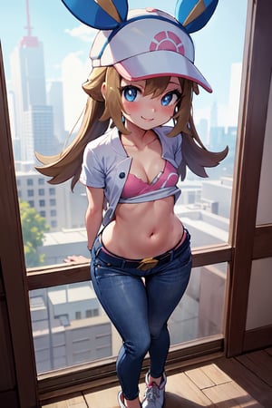 masterpiece, best quality, highres, absurdres, (soft lighting, dynamic lighting:0.8), full body, 1girl, solo, busty, curvy, from above, smile, blush, arms behind back, sexy, stunning eyes, stunning face, cleavage, petite, lana /(pokemon/), taut shirt, skinny jeans, thin white belt, open clothes, navel