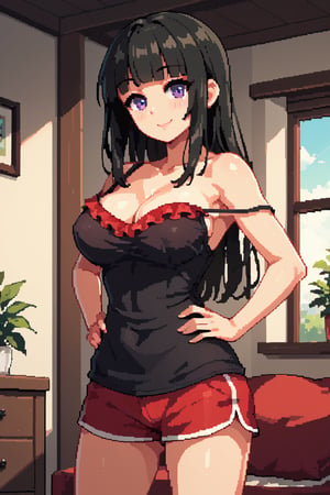 score_9, score_8_up, score_7_up, 1girl, black hair, purple eyes, long hair, blunt bangs, spaghetti_strap, black dress, (large breasts:0.7), smile, frilled camisole, single strap slip, himecut, off shoulder, red sports shorts, standing, hands on own hips, indoors,