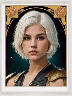 (young teen,  muscular,  short white hair,  high detailed skin:1.2),  looking at the viewer,  armor,  barbarian,  absurdres,  confident,  seductive,  dominant,  intimidating
game card, (tetradic colors,  inkpunk,  ink lines,  light particles, strong outlines, art nouveau,  bold traces,  framed,  high contrast, vector,  art by MSchiffer,  zoom out view:),