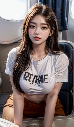 8K, UHD, real photo, (masterpiece:1.2), (best quality:1.2), 
(((Gorgeous, beautiful 21-year-old Korean girl)), (168cm, 48kg, nice body), (beautiful), (perfect eyes), (perfect face), 1girl,(long brown straight hair:1.3),(white skin:1.3)),(sexual abuse),
(random pose), (random view),
((She is making love with a man in the airplane bathroom. wearing a underboob T-shirt.)), ((making love:1.5)), (((airplane bathroom)))