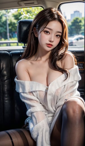 8K, UHD, real photo, (masterpiece:1.2), (best quality:1.2), (((Gorgeous, beautiful 21-year-old Korean girl)), (beautiful), (perfect eyes), (perfect face), (long brown straight hair with open forehead sytle:1.3), (white skin:1.3)).
(sexual abuse), ((She is in luxury van)), (pantyhose), (simple off-shoulder blouse), (legs proudly spread)