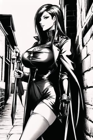 young female vampire hunter walking through an dark alley. Red head, victorian style, long coat, stockings, sexy top, SAM YANG,edgBB,defTifa,monochrome,ink,spread\(vaginal\)