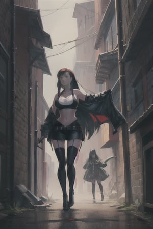 masterpiece, best quality, ultra detailed 8k, young female vampire hunter walking through an dark alley, Red head, victorian style, long coat, stockings, sexy top, SAM YANG,edgBB,defTifa