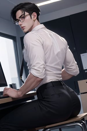 Masterpiece, Best Quality, (8k resolution), (ultra-detailed), perfection, adult man,1man, handsome, male, black hair, purple eyes, korean, perfect ass, fit. wearing gold earrings, gold circle glasses, white business shirt with black leather straps. tight black pants. he is sitting on a desk seductively. background is an office at night. full body. dutch angle from below.