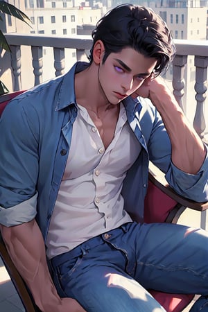 Masterpiece, Best Quality, (8k resolution), (ultra-detailed), perfection, adult man,1man, handsome, male, black hair, purple eyes, korean, fit, blue_jeans, pastel_pink_blouse, relaxing in an egg chair on a balcony