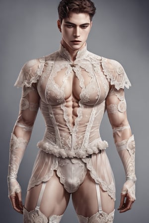 1male, lace_top, lace_stockings, lace_gloves, lace_thigh_high_boots, pale_skin, handsome, korean, 8k resolution, ultra detailed, pecs, cleavage cutout