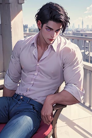 Masterpiece, Best Quality, (8k resolution), (ultra-detailed), perfection, adult man,1man, handsome, male, black hair, purple eyes, korean, fit, blue_jeans, pastel_pink_blouse, relaxing in an egg chair on a balcony, slender