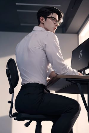 Masterpiece, Best Quality, (8k resolution), (ultra-detailed), perfection, adult man,1man, handsome, male, black hair, purple eyes, korean, perfect ass, fit. wearing gold earrings, gold circle glasses, white business shirt. tight black pants. he is sitting on a desk seductively. background is an office at night. full body. dutch angle from below.