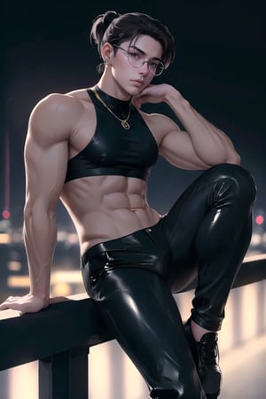 Masterpiece, Best Quality, (8k resolution), (ultra-detailed), perfection, 1boy, handsome, male, neat black ponytail, purple eyes, korean, muscular. wearing gold earrings, gold circle glasses, sheer black crop top and tight leather black pants. he is leaning on a rail. background is asian city at night. full body. dutch angle from below.