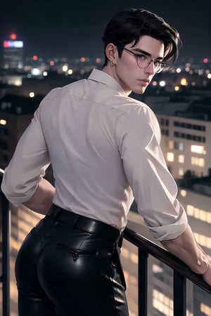 Masterpiece, Best Quality, (8k resolution), (ultra-detailed), perfection, 1man, handsome, male, long black hair, purple eyes, korean, nice ass. wearing gold earrings, gold circle glasses, sheer business shirt with black leather straps. tight leather black pants. he is leaning on a rail. background is city at night. full body. dutch angle from above.