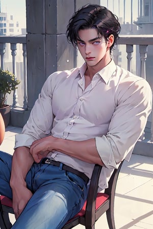 Masterpiece, Best Quality, (8k resolution), (ultra-detailed), perfection, adult man,1man, handsome, male, black hair, purple eyes, korean, fit, blue_jeans, pastel_pink_blouse, relaxing in an egg chair on a balcony