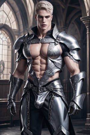 1male, metal_top, metal_greaves, metal_gauntlets, metal_chausses, pale_skin, handsome, 8k resolution, ultra detailed, pecs, cleavage cutout