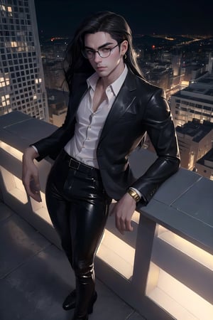 Masterpiece, Best Quality, (8k resolution), (ultra-detailed), perfection, 1man, handsome, male, long black hair, purple eyes, korean, fit. wearing gold earrings, gold circle glasses, white business shirt, black leather straps. tight leather black pants. he is posing seductively on a rooftop at night. seductive expression, full body. dutch angle from above.