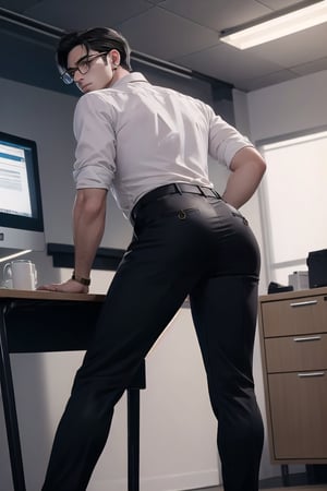 Masterpiece, Best Quality, (8k resolution), (ultra-detailed), perfection, adult man,1man, handsome, male, black hair, purple eyes, korean, perfect ass, fit. wearing gold earrings, gold circle glasses, white business shirt with black leather straps. tight black pants. he is leaning on a desk. background is an office at night. full body. dutch angle from below.