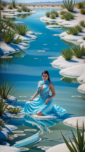 In a desolate desert, a hidden oasis blooms. A woman kneels beside a crystal-clear spring, her flowing garments adorned with swirling dragon motifs. Her touch ripples the water, revealing the scales dancing beneath the surface. Mysterious, serene, high resolution.