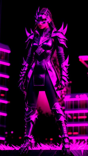 A cyberpunk warrior stands poised, metallic claws glinting in the neon twilight. Their armor, a fusion of sleek technology and dragonhide, reflects the city's pulsating lights. Glitchy, detailed, dramatic, high resolution, red and black color palette